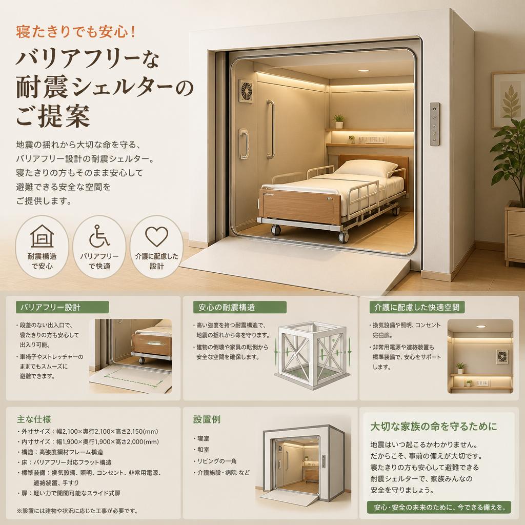 寝たきりでも安心！バリアフリーな耐震シェルターのご提案　ミホ工業　耐震シェルター