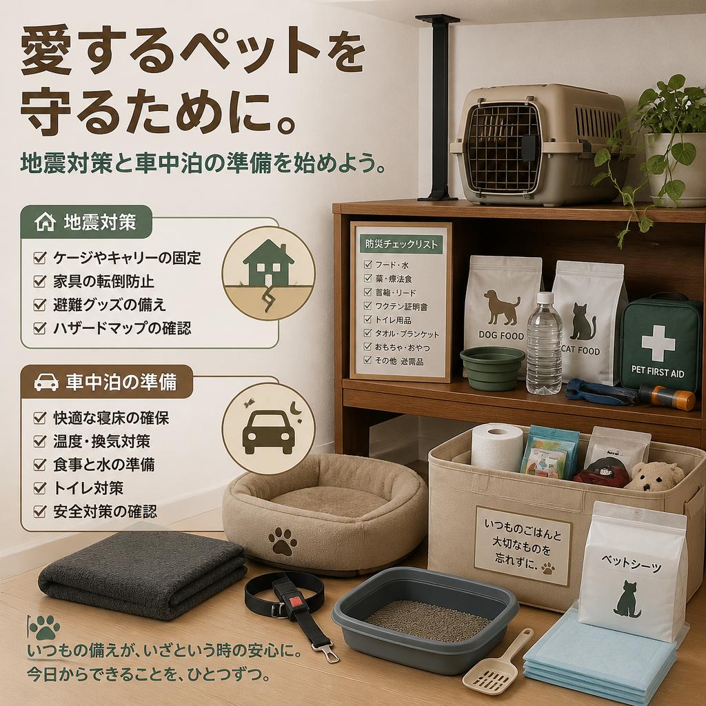 愛するペットを守るために。地震対策と車中泊の準備を始めよう。　ミホ工業　耐震