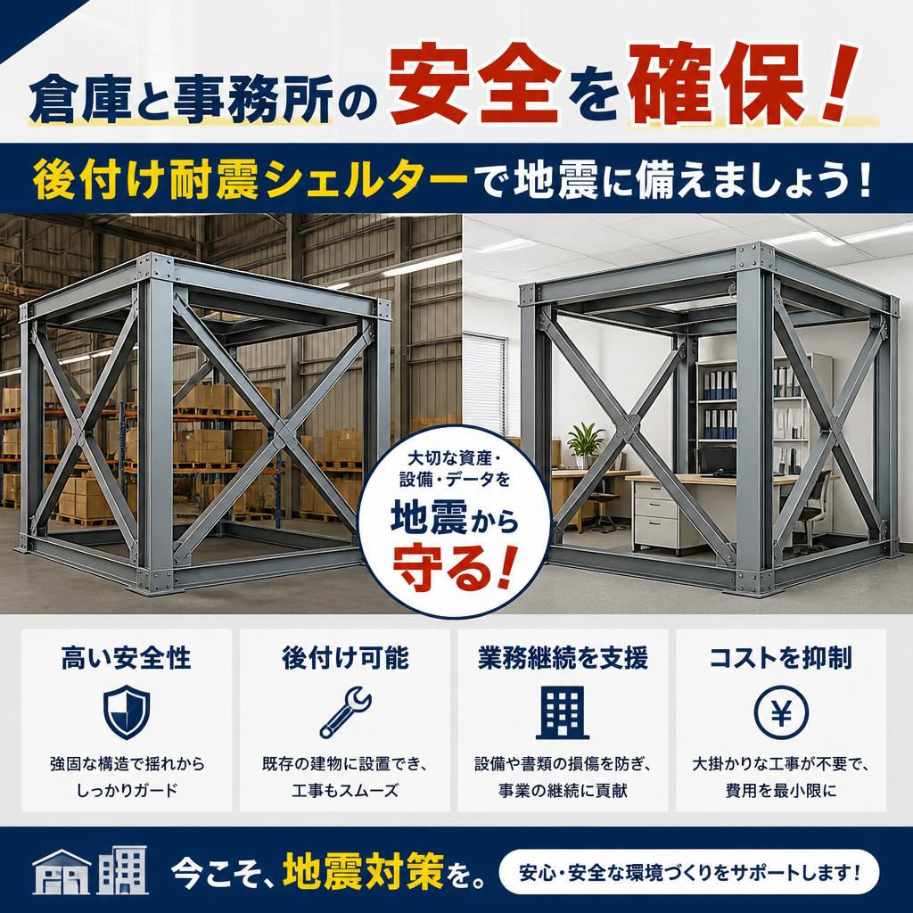 倉庫と事務所の安全を確保！後付け耐震シェルターで地震に備えましょう！　ミホ工業　耐震シェルター