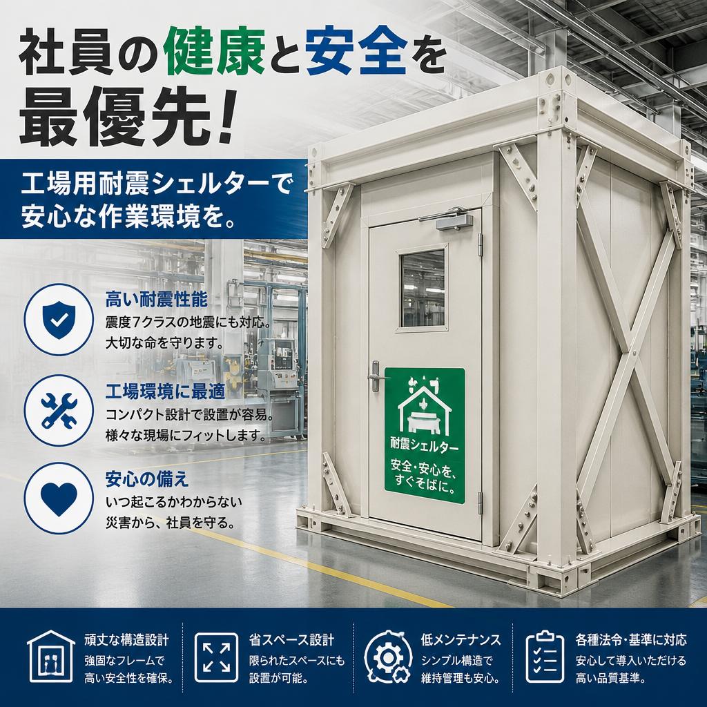 社員の健康と安全を最優先！工場用耐震シェルターで安心な作業環境を。ミホ工業　耐震シェルター