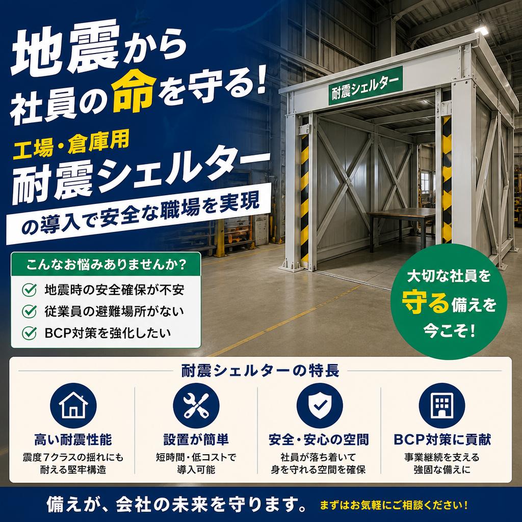 地震から社員の命を守る！工場・倉庫用耐震シェルターの導入で安全な職場を実現　ミホ工業　耐震シェルター